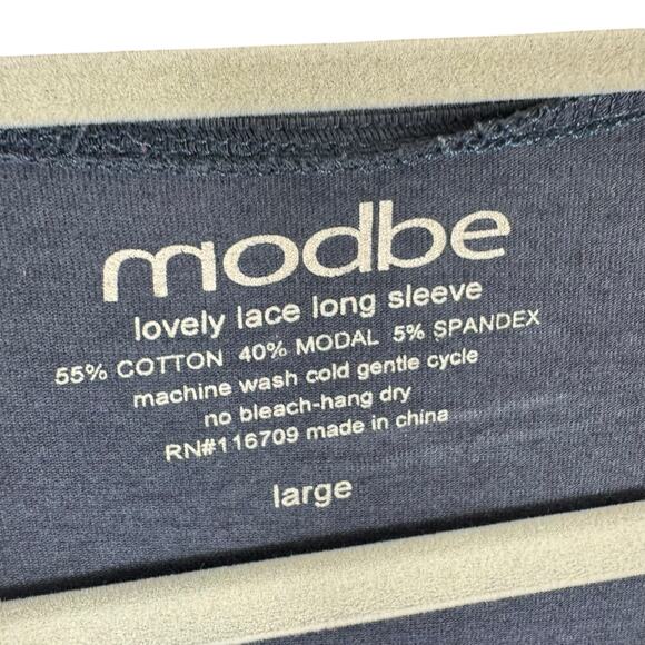 Modbe Gray Lovely Lace Long Sleeve Scoop Neck Lightweight Cotton Modal Top Sz L - Picture 4 of 4